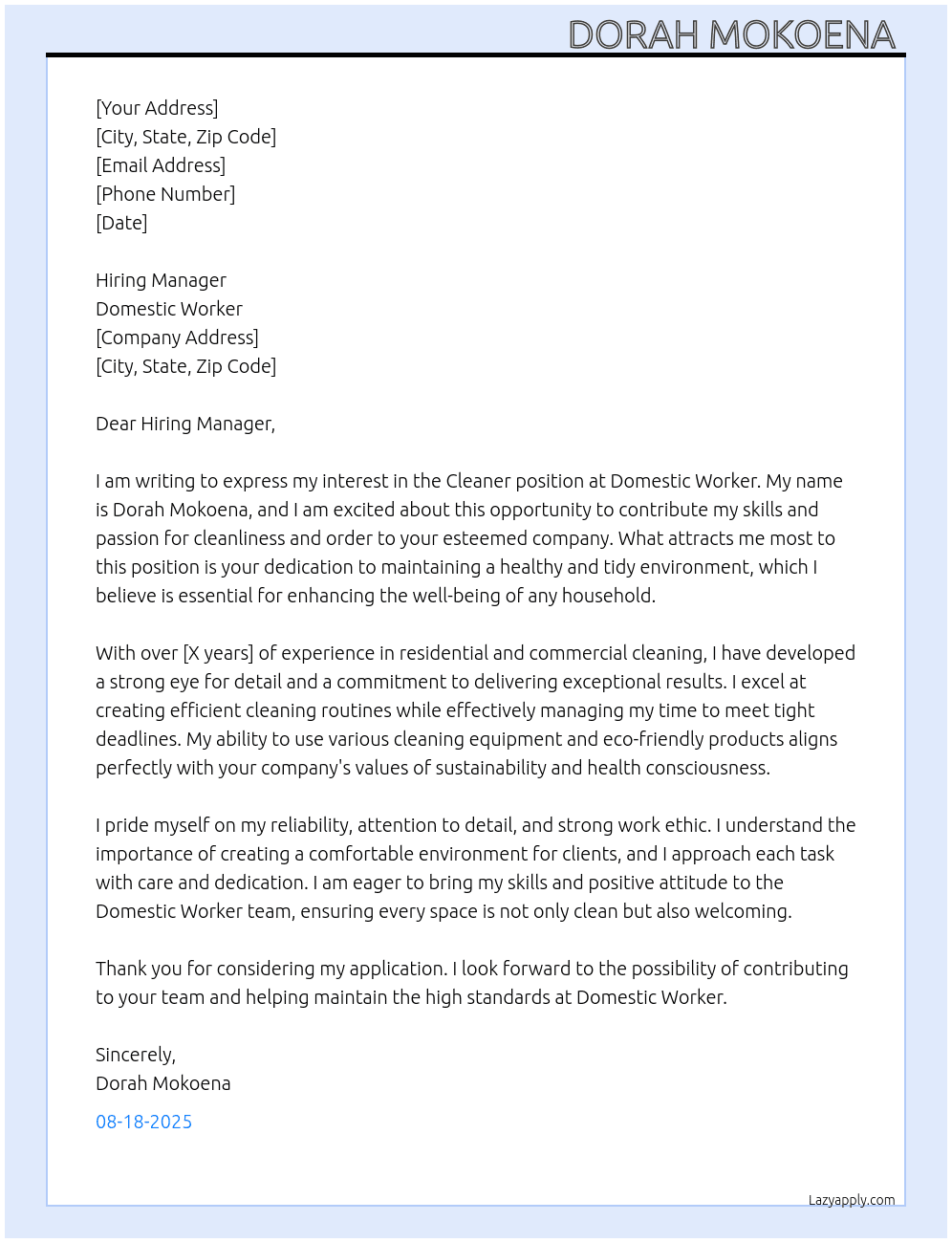 Cleaner At Domestic worker  Cover Letter