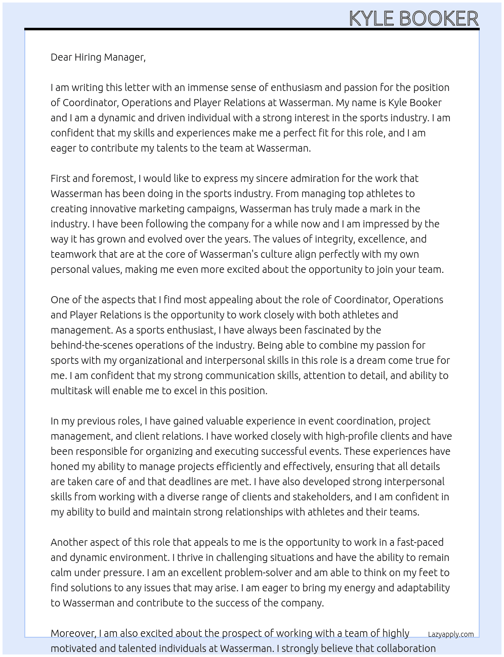 Coordinator, Operations and Player Relations At Wasserman Cover Letter