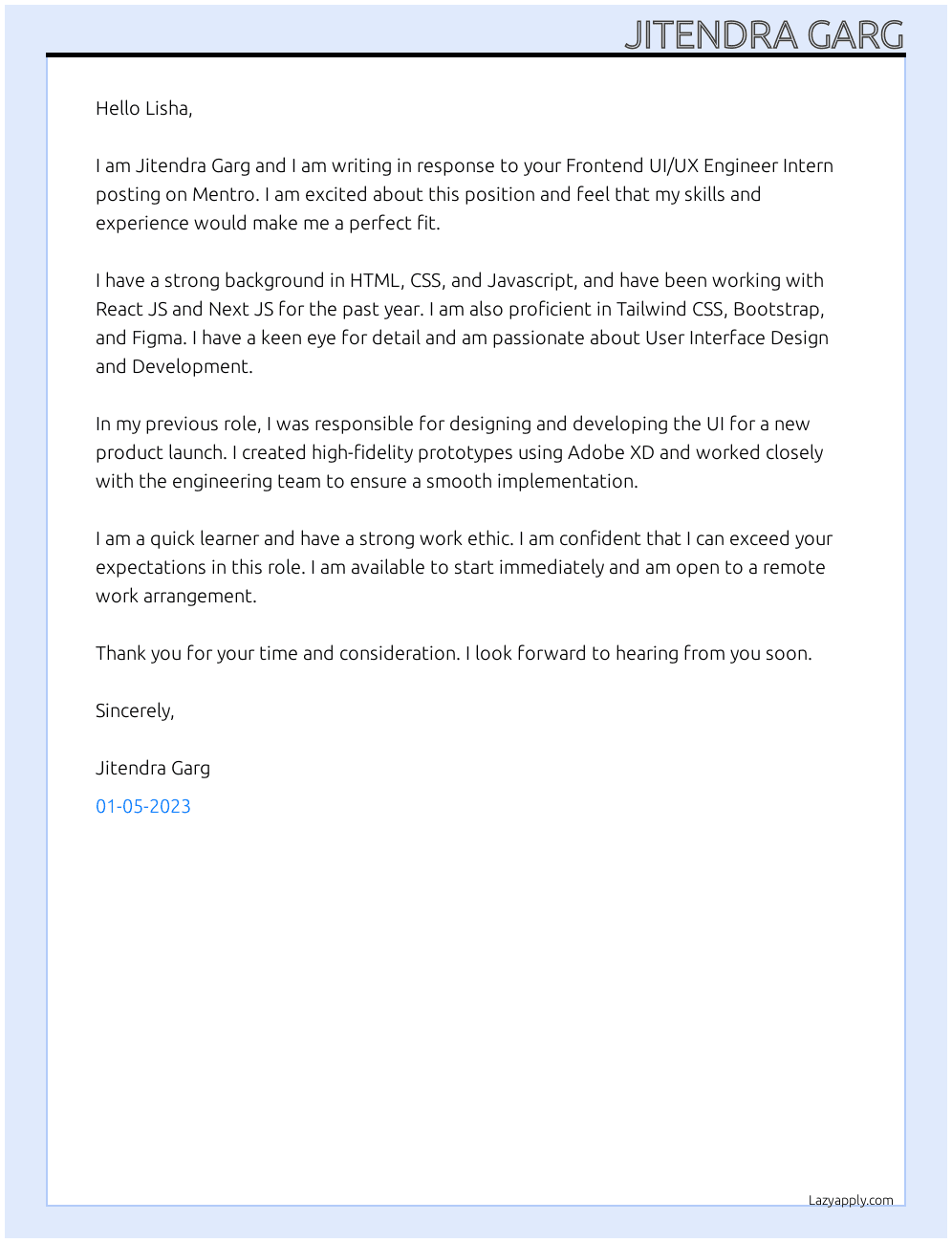 Frontend UI/UX Engineer Intern At Mentro Cover Letter