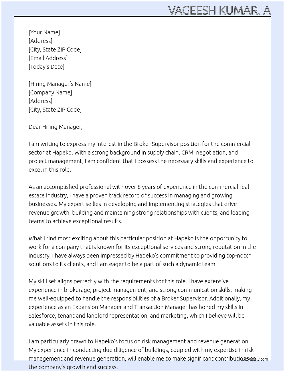 Broker supervisor for the commercial sector At Hapeko Cover Letter