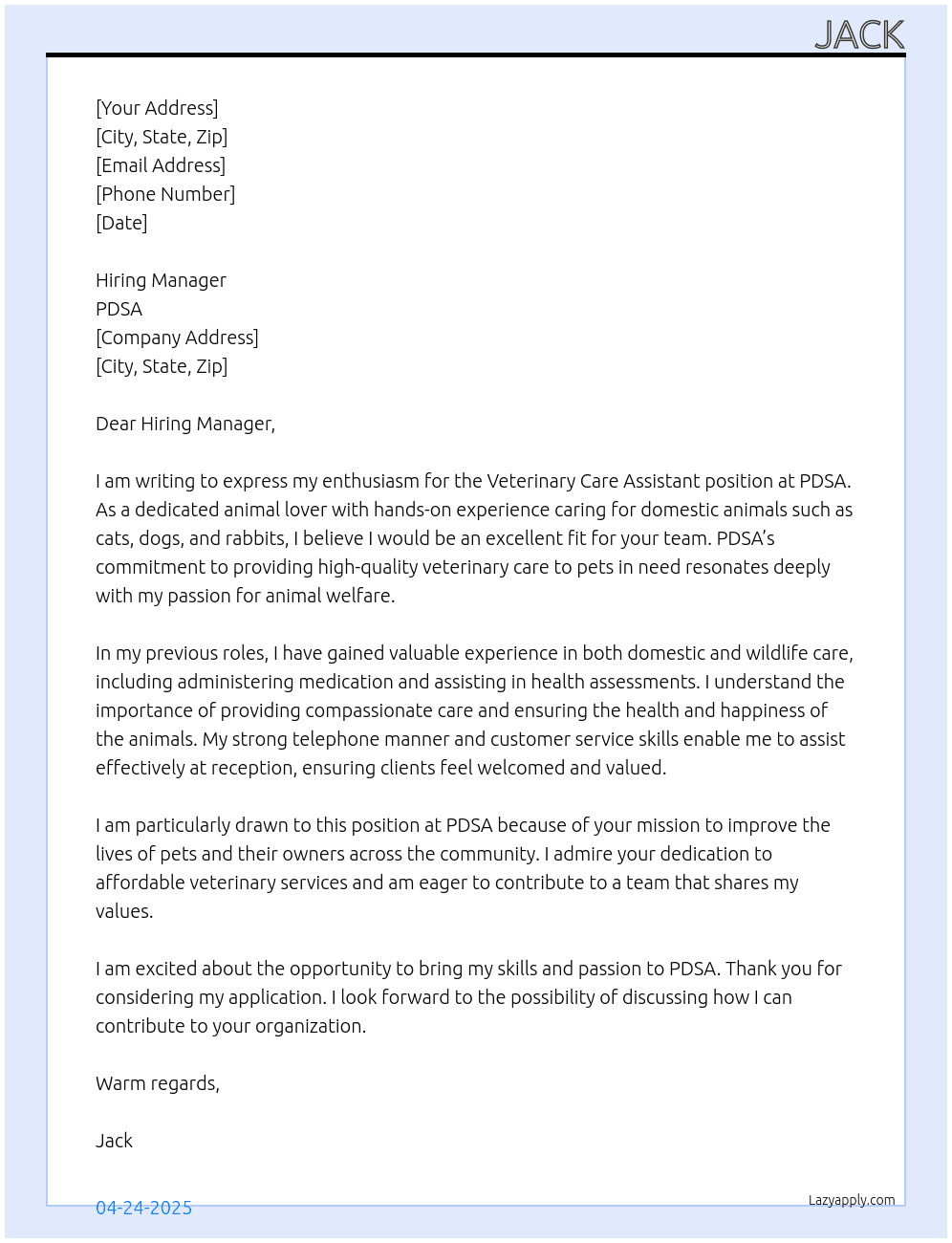 veterianry care assistant  At PDSA Cover Letter