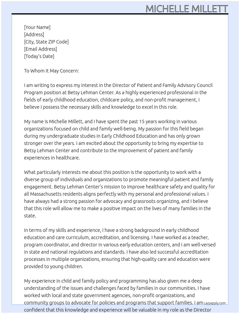 Director of Patient and Family Advisory Counsil Program At Betsy Lehman Center Cover Letter