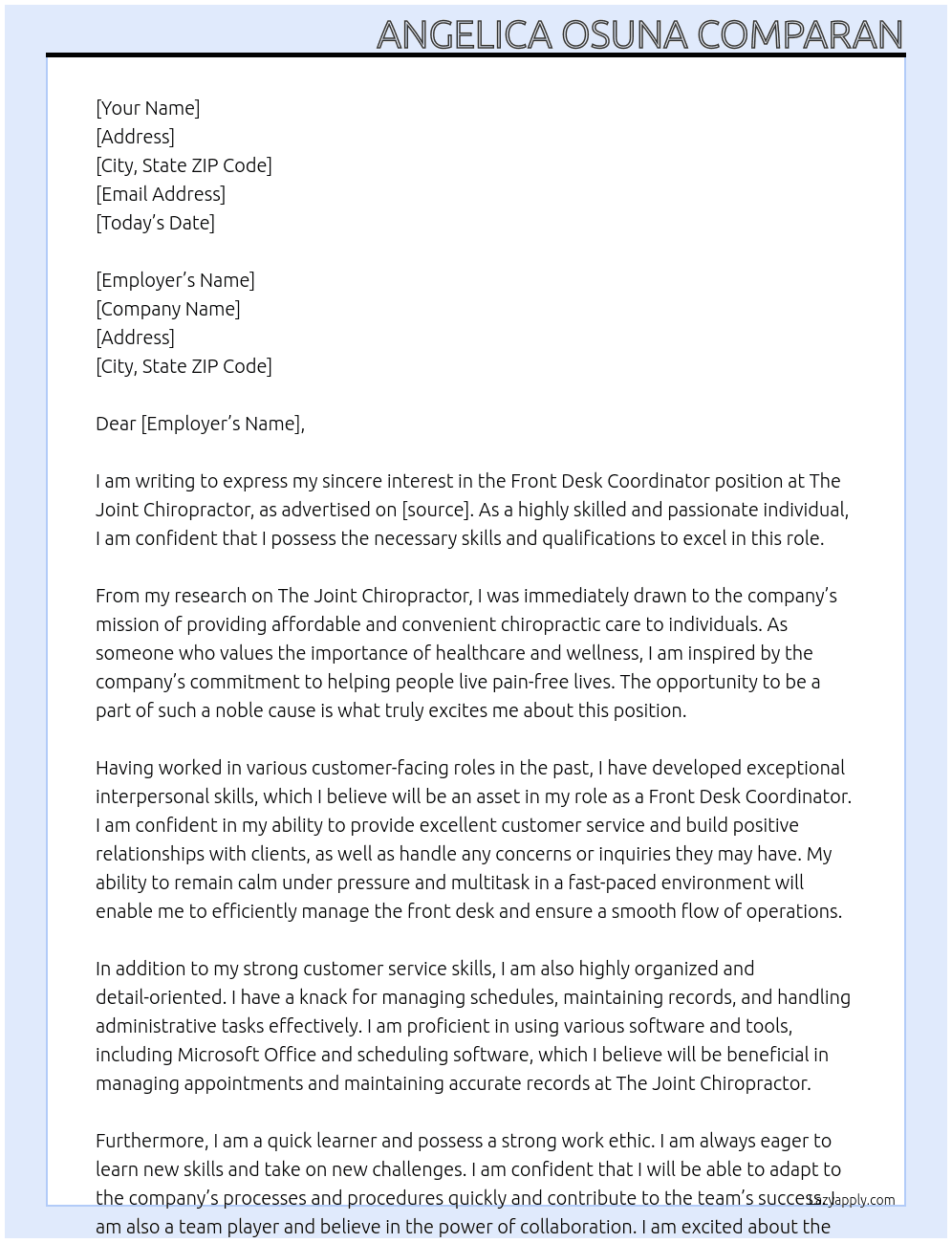 front desk cordinator At the joint chiropractor Cover Letter