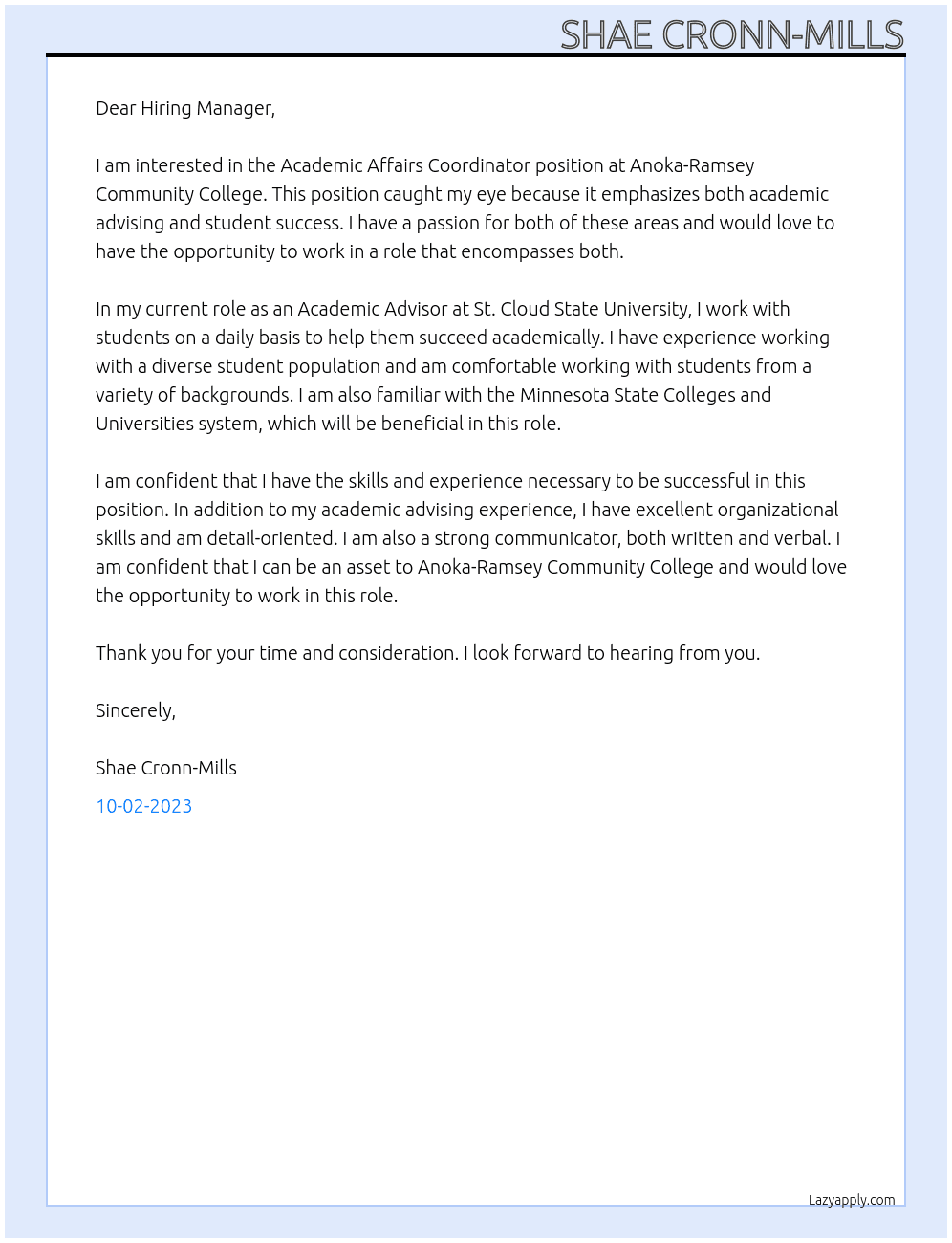 Academic Affairs Coordinator At Anoka-Ramsey Community College Cover Letter
