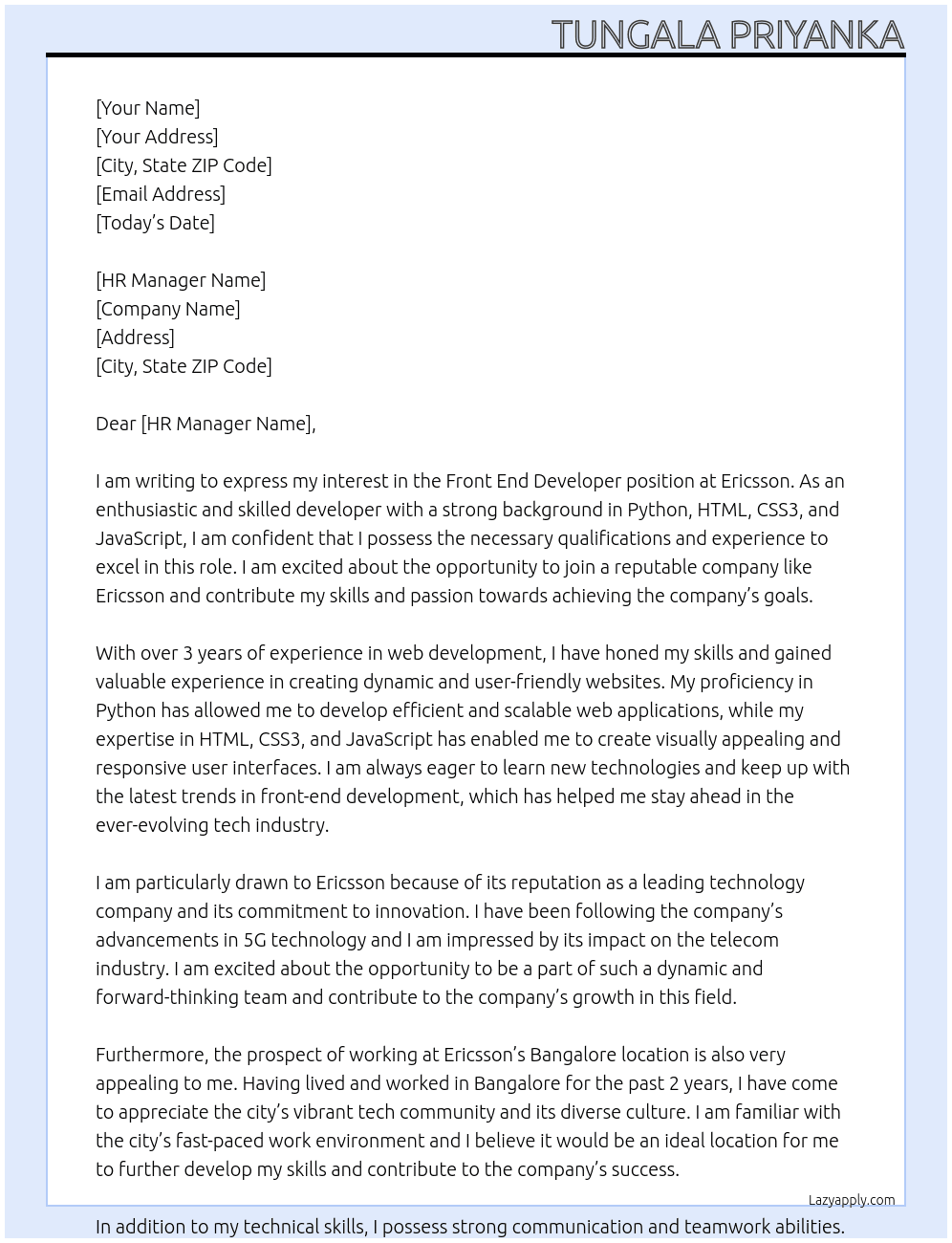 Front end developer  At Ericsson  Cover Letter