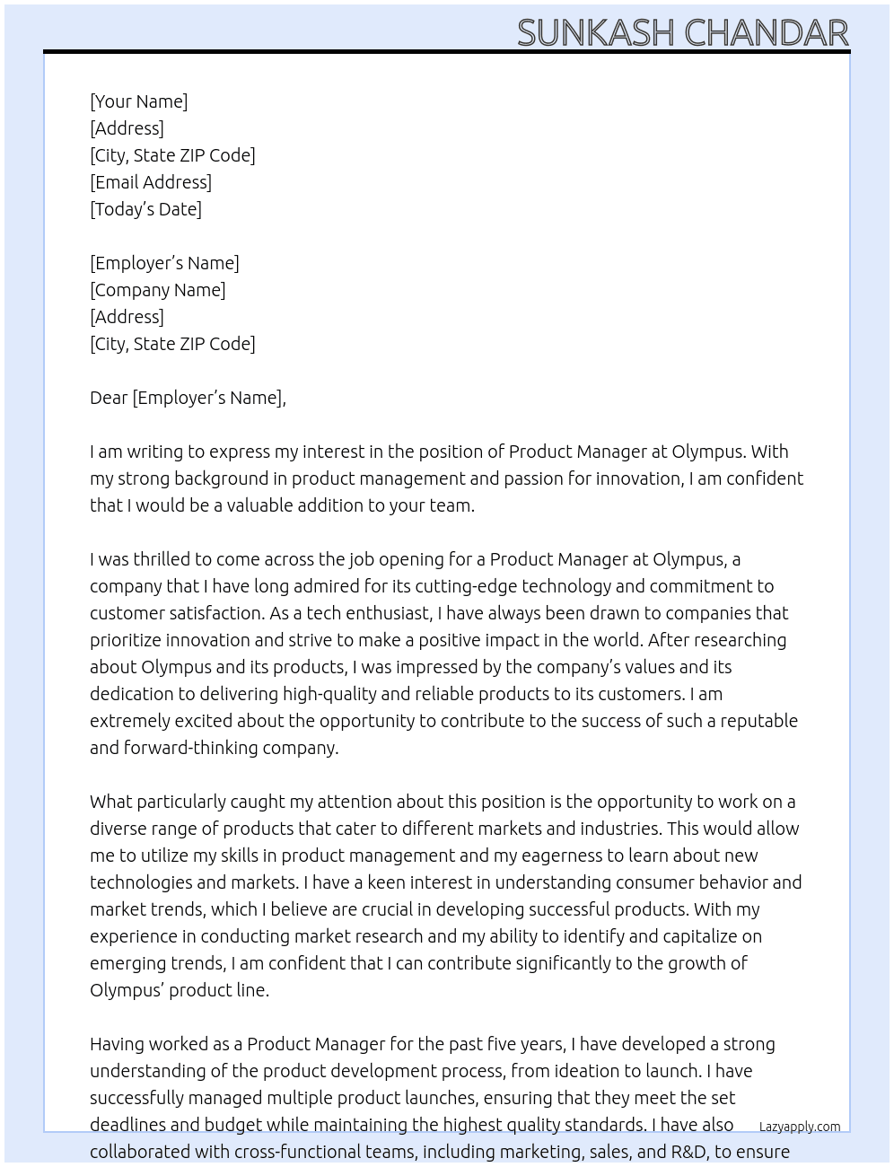 product At Olympus Cover Letter