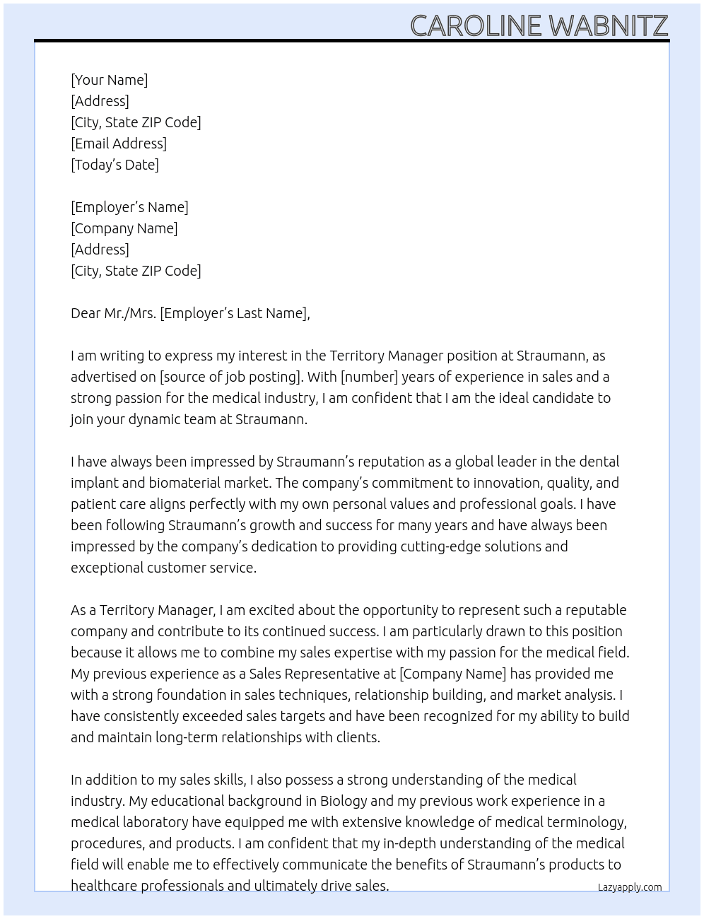 Territory Manager At Straumann Cover Letter