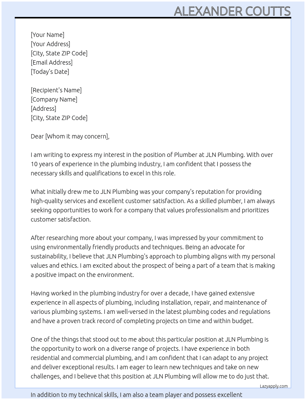 Plumber At JLN plumbing  Cover Letter