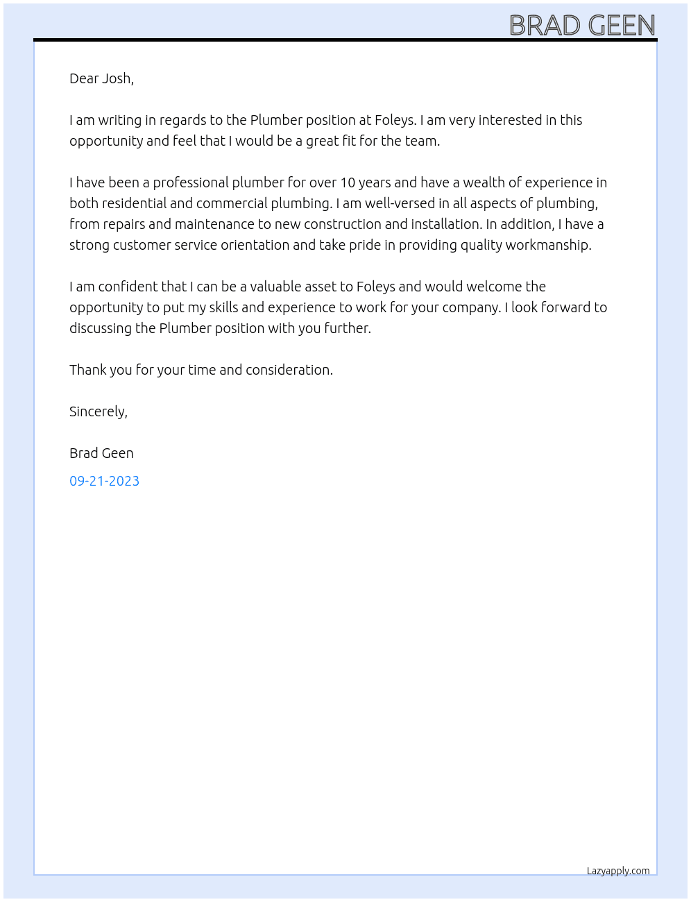Plumber At Foleys Cover Letter