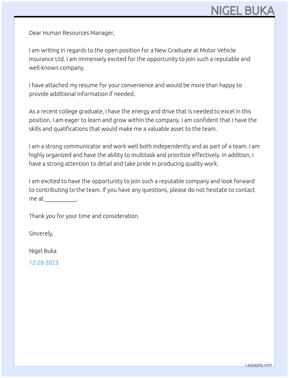 New Graduate  At Motor Vehicle Insurance Ltd Cover Letter