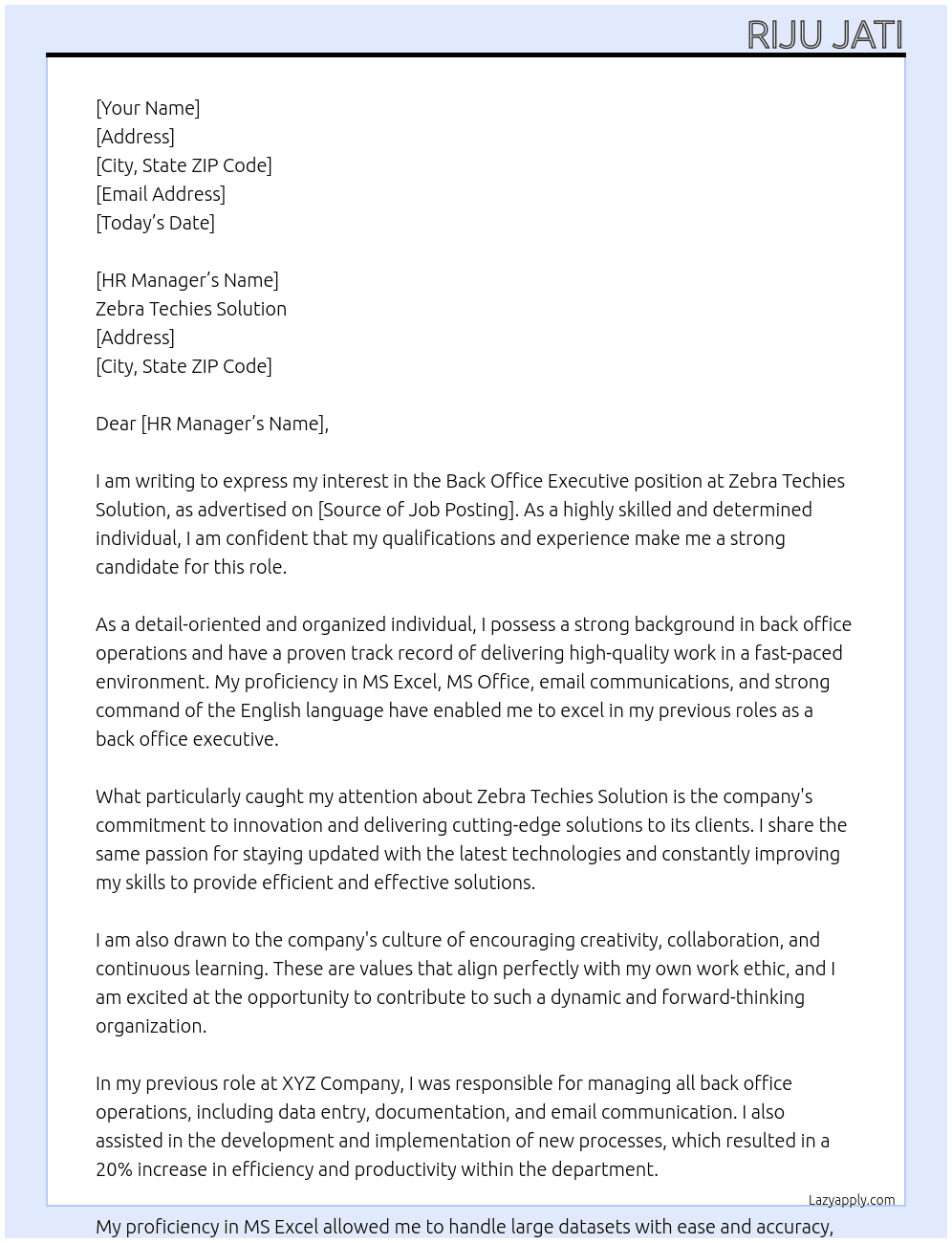 Back office executive  At Zebra Techies Solution  Cover Letter