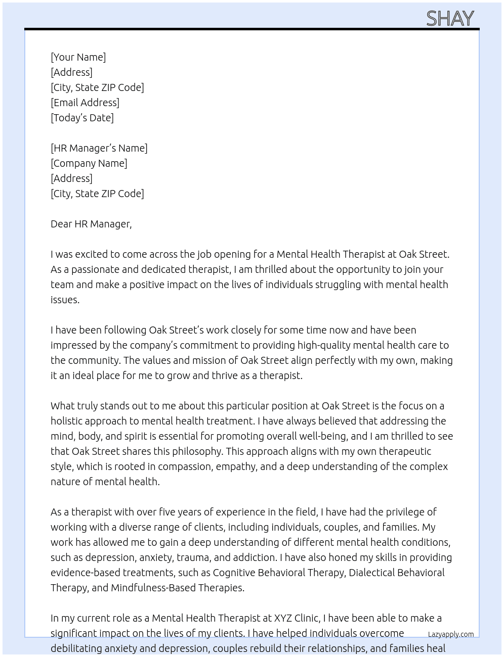Mental health therapist  At Oak Street Cover Letter