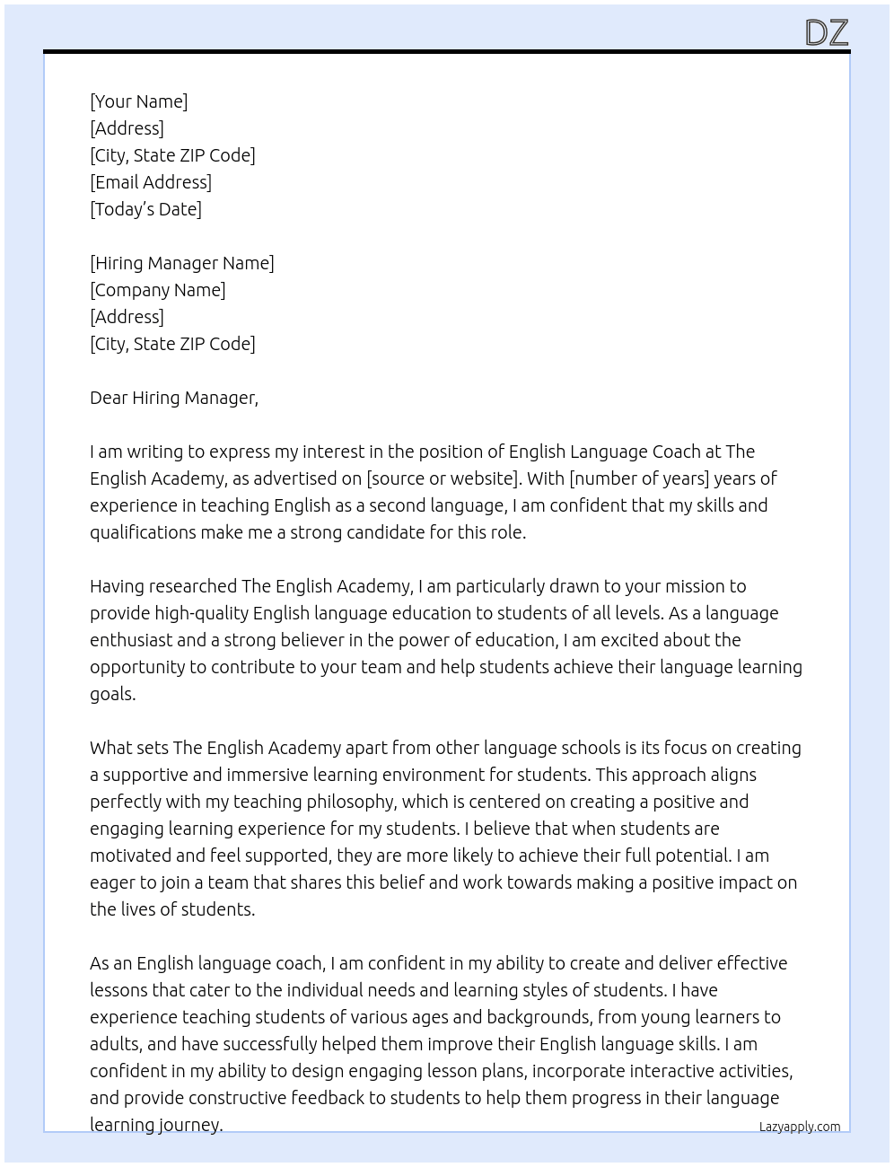 English language coach At The english academy Cover Letter