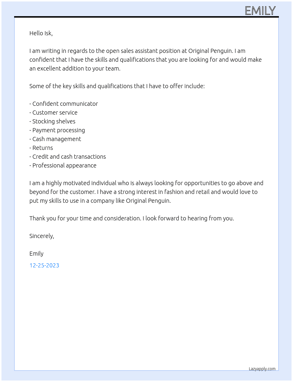 Sales assistant  At Original penguin  Cover Letter