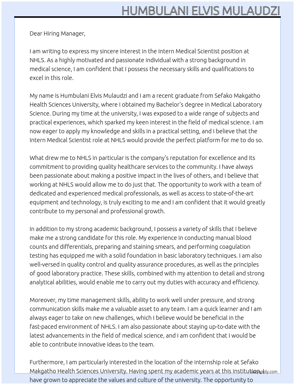 intern medical scientist At NHLS Cover Letter
