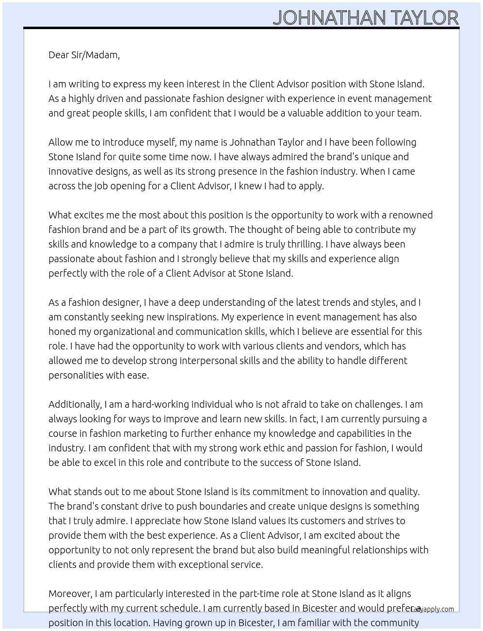Client advisor At Stone island Cover Letter