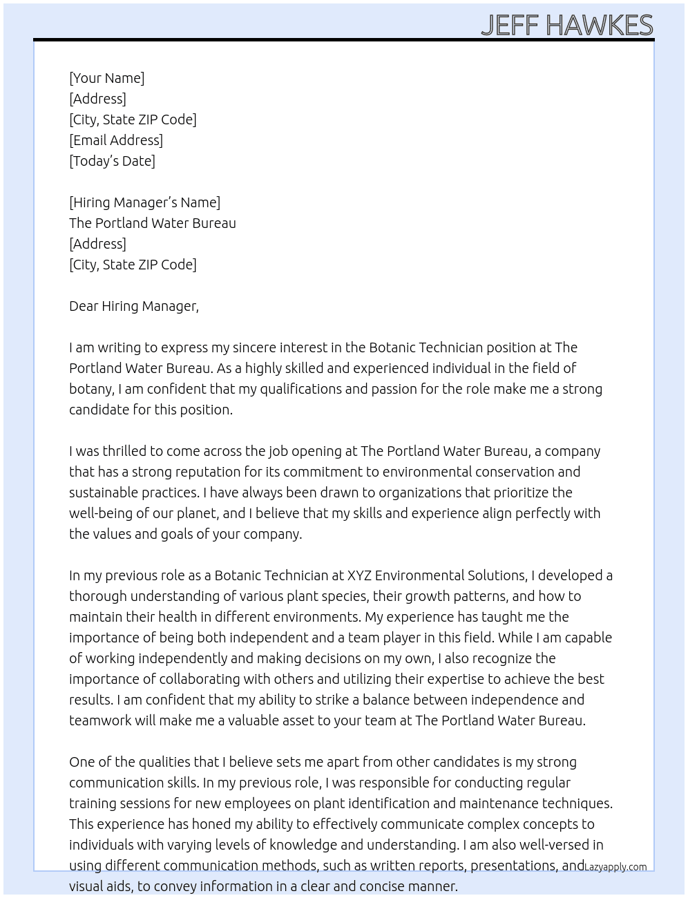 Botanic Technician At The Portland Water Bureau Cover Letter