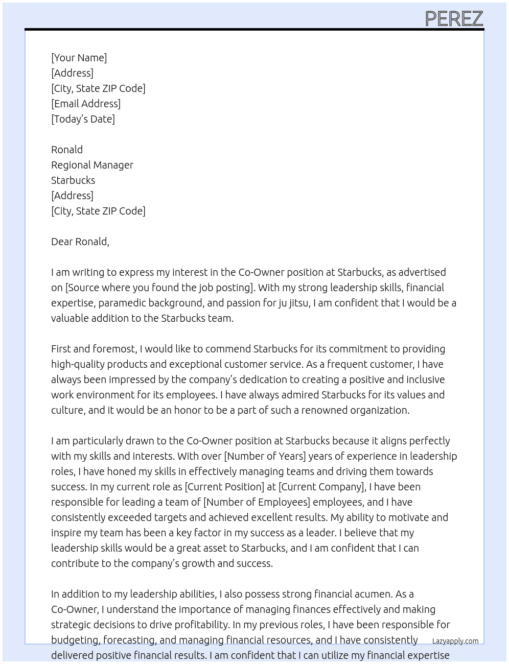 Co owner At Starbucks Cover Letter