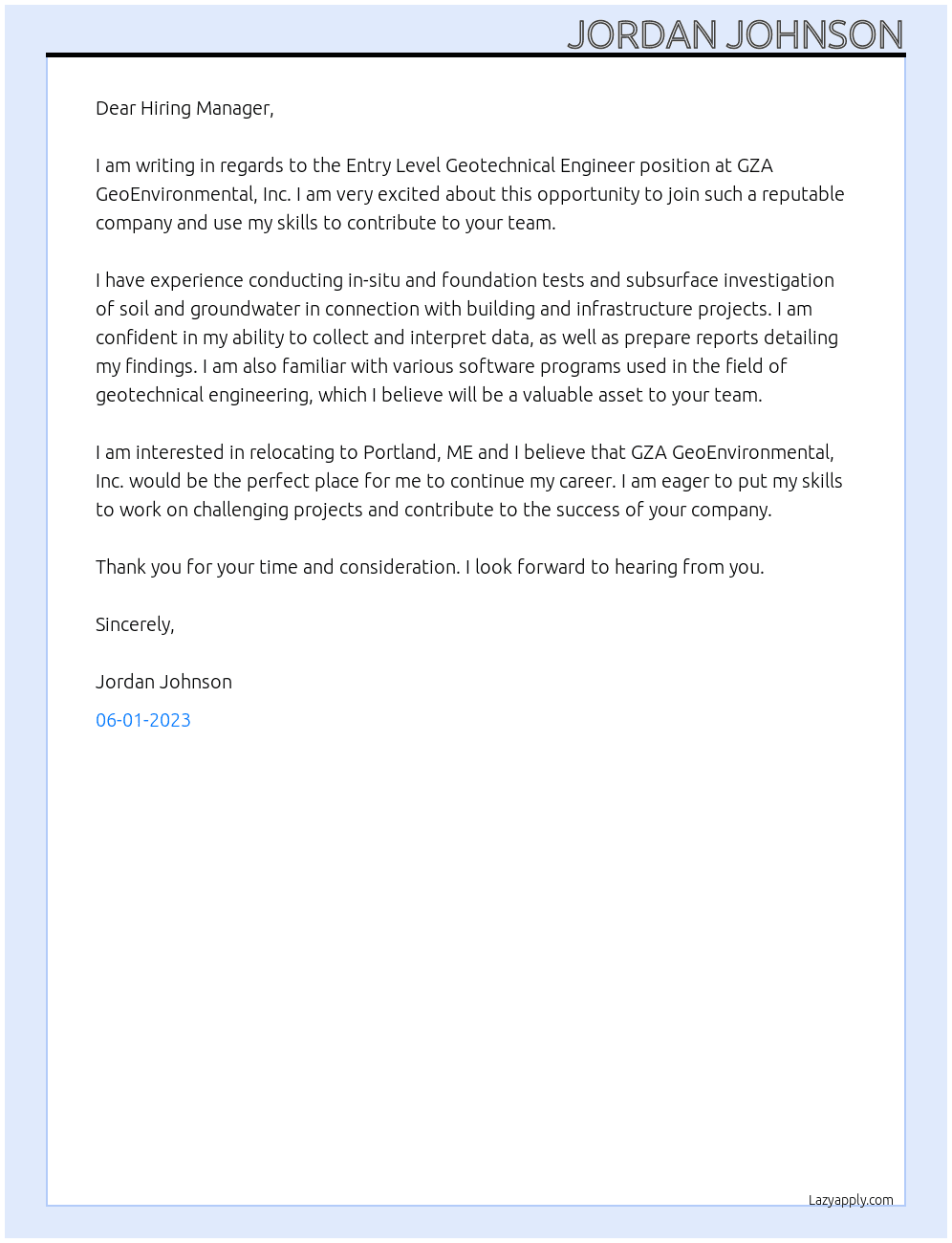 Entry Level Geotechnical Engineer At GZA GeoEnvironmental, Inc. Cover Letter