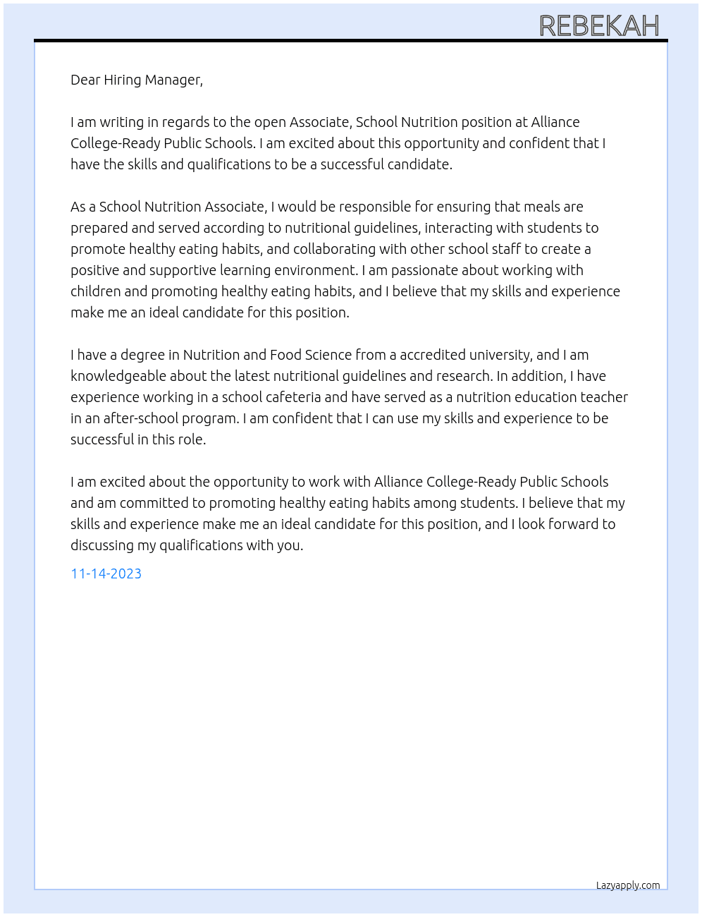 Associate, School Nutrition At Alliance College-Ready Public Schools Cover Letter