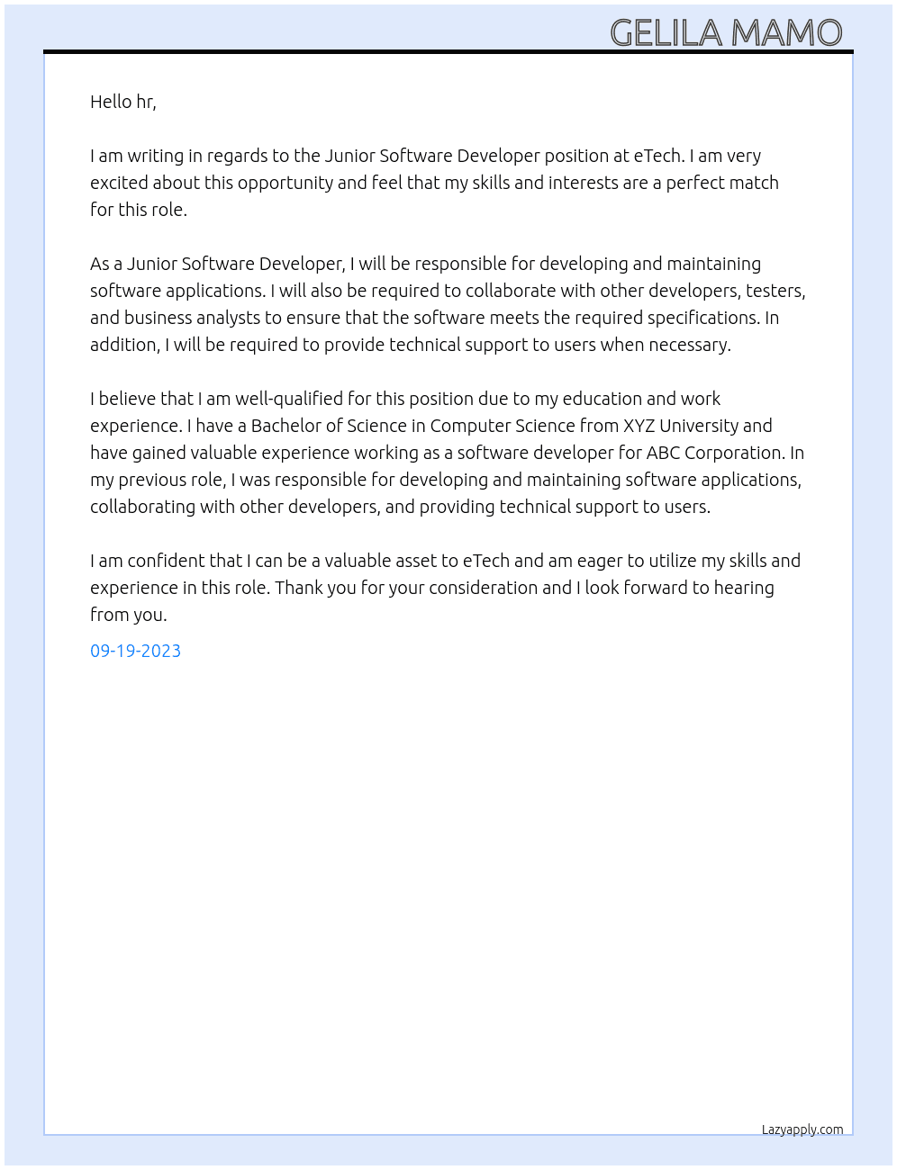 Junior Software Developer At eTech  Cover Letter