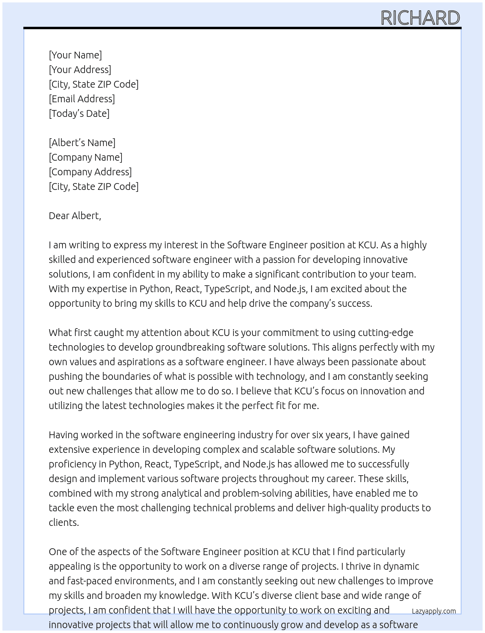 Software Engineer At KCU Cover Letter