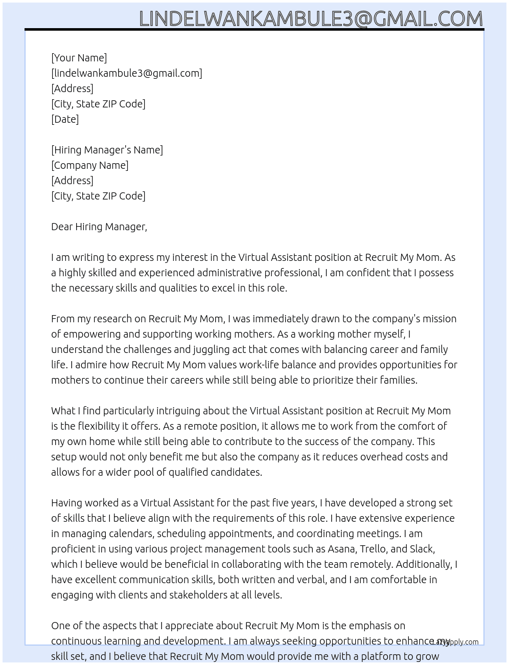 Virtual Assistant At Recruit My Mom Cover Letter