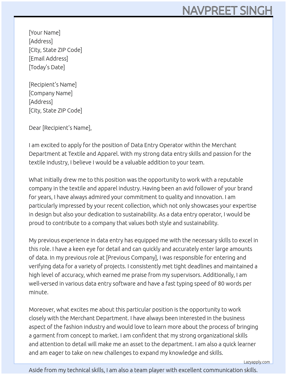 Data entry operator At Textile and Apparel Cover Letter