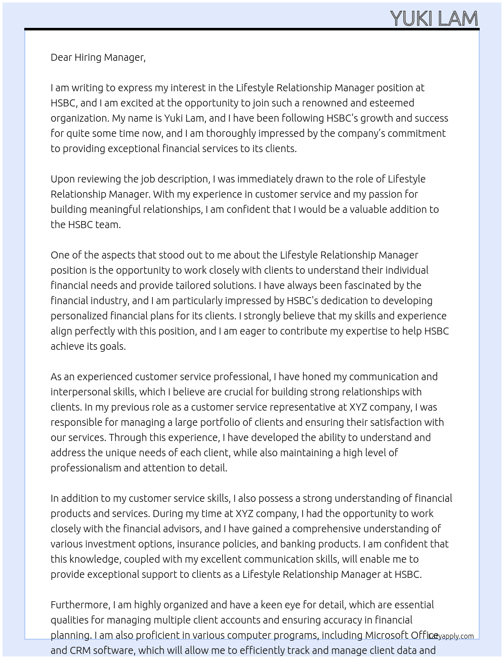 Lifestyle Relationship Manager At HSBC Cover Letter