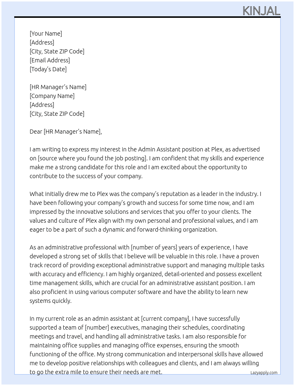 admin assistant At plex Cover Letter
