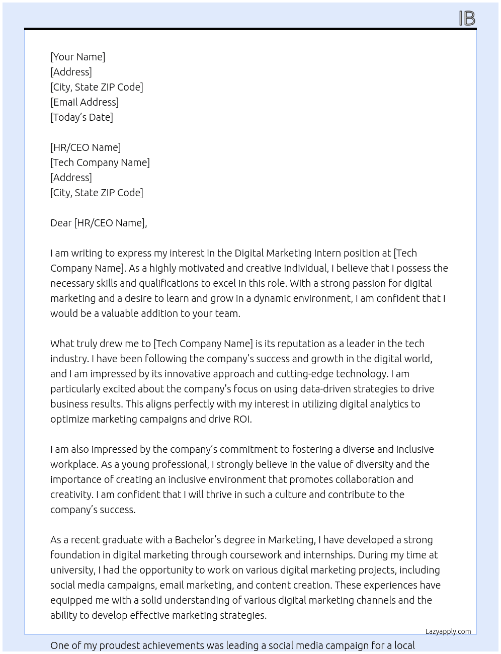 Digital Marketing intern At Tech companies  Cover Letter