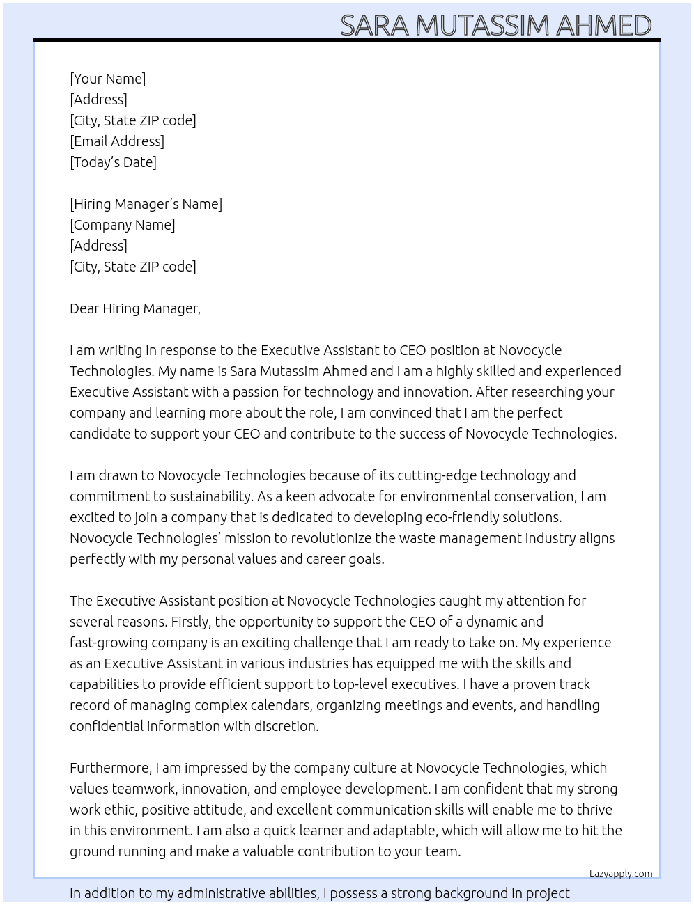 Executive Assistant to CEO At novocycle Technologies  Cover Letter