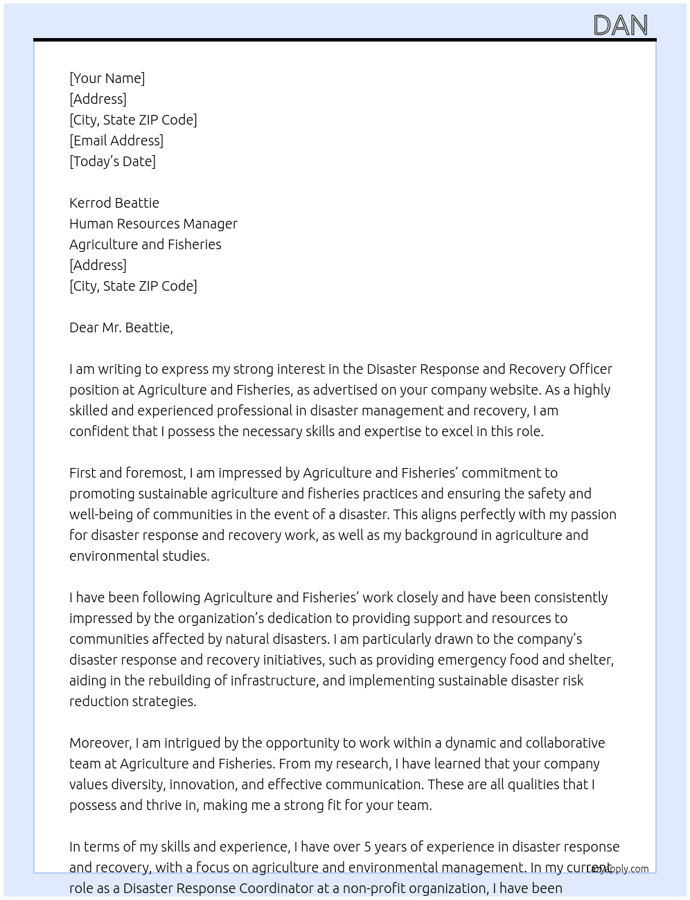 Disaster Response and Recovery Officer At Agriculture and Fisheries Cover Letter
