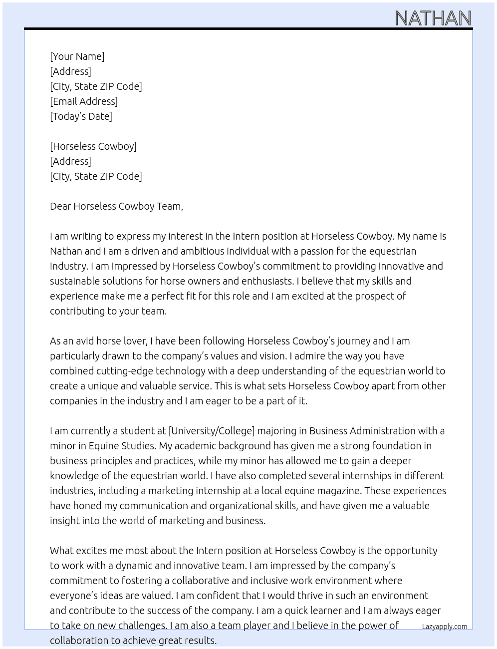 Intern At Horseless Cowboy Cover Letter