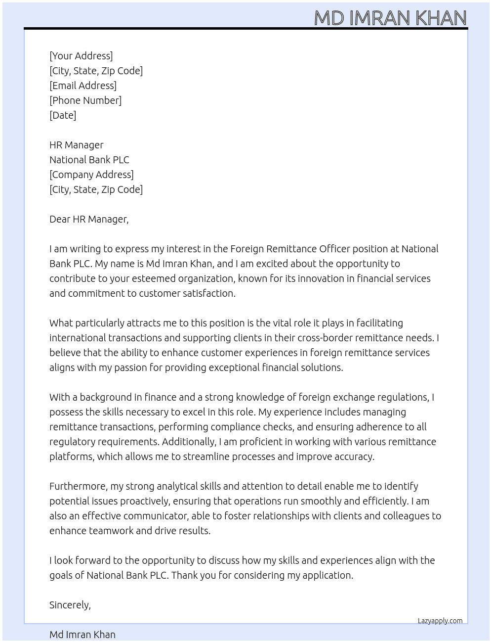 Foreign remittance officer At National Bank PLC Cover Letter
