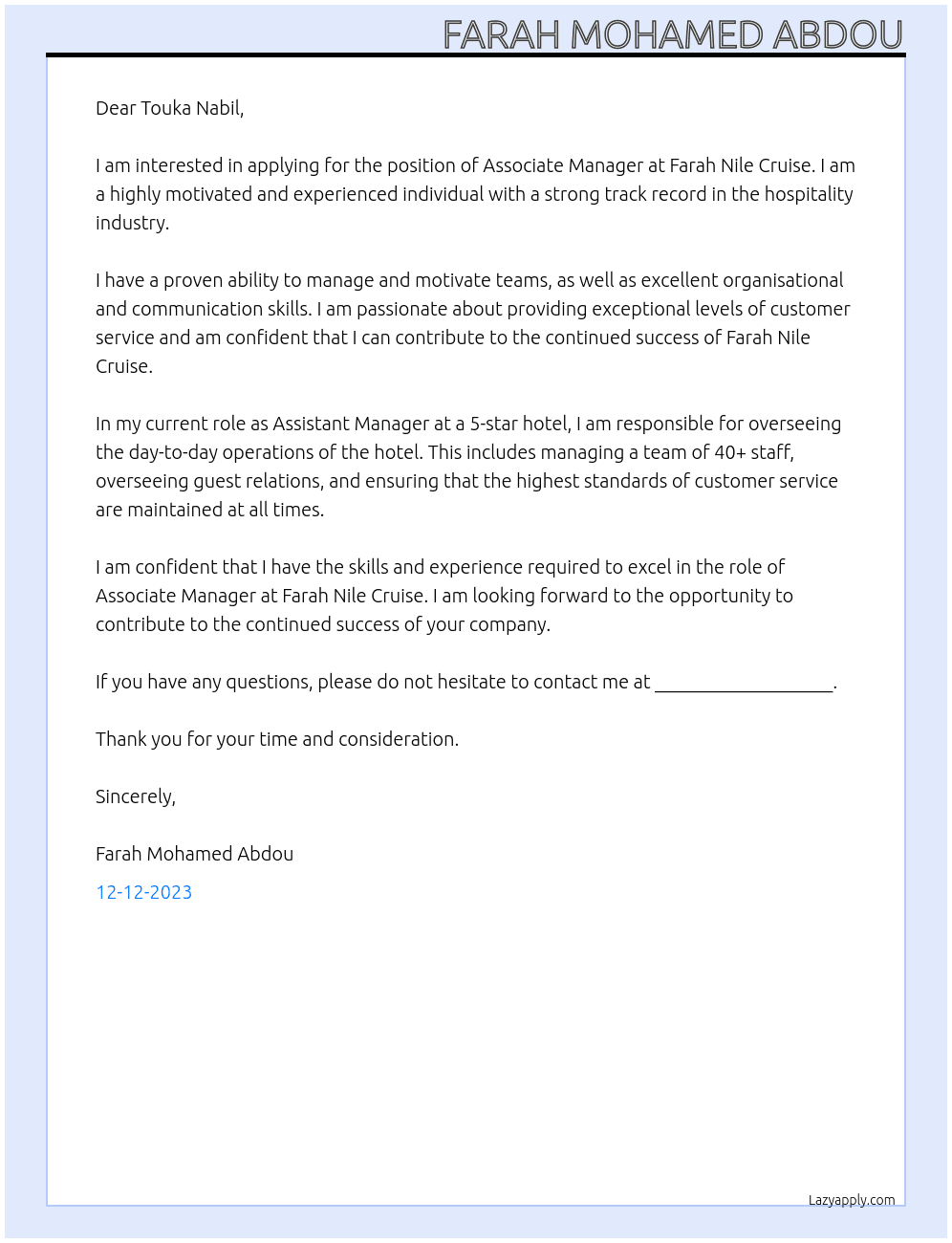 Assosiate manager  At Farah Nile Cruise  Cover Letter