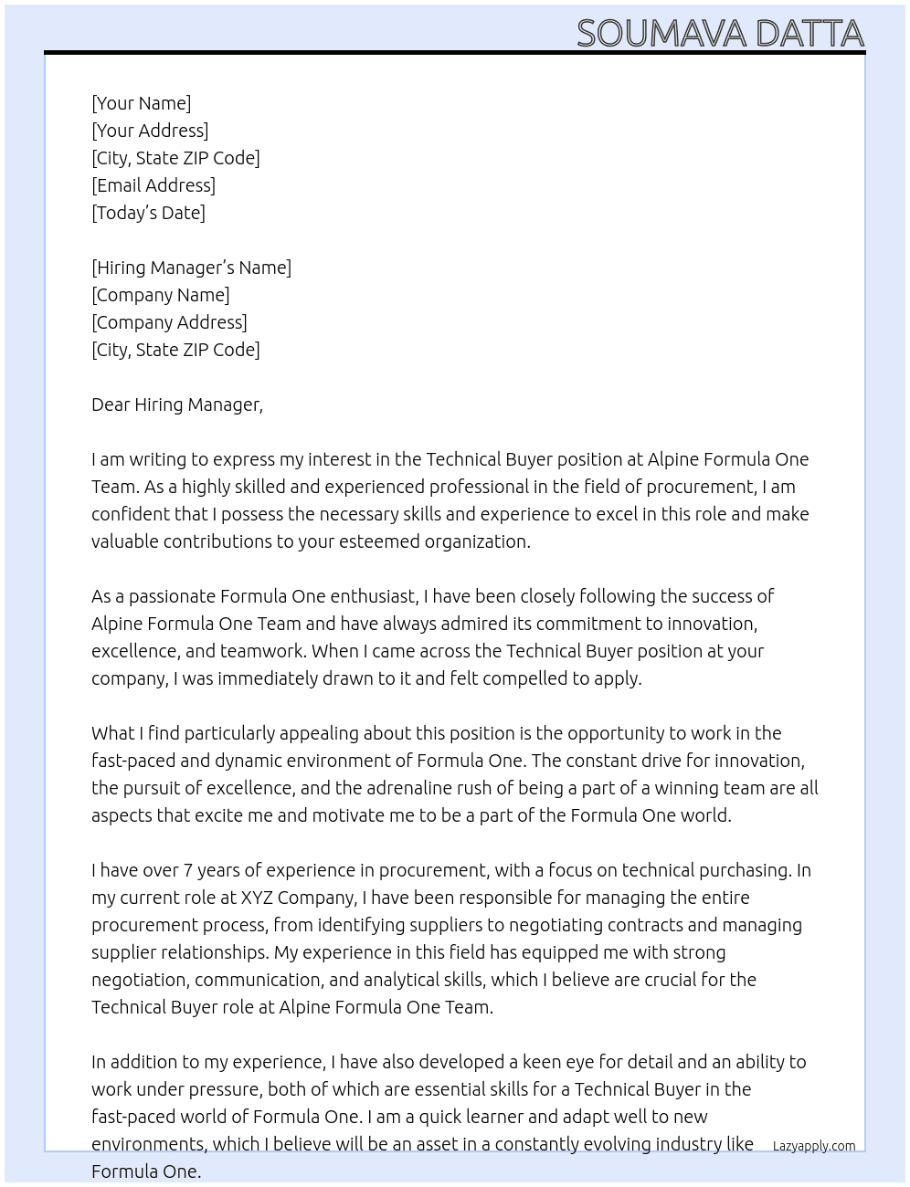 Technical Buyer At Alpine Formula One Team Cover Letter