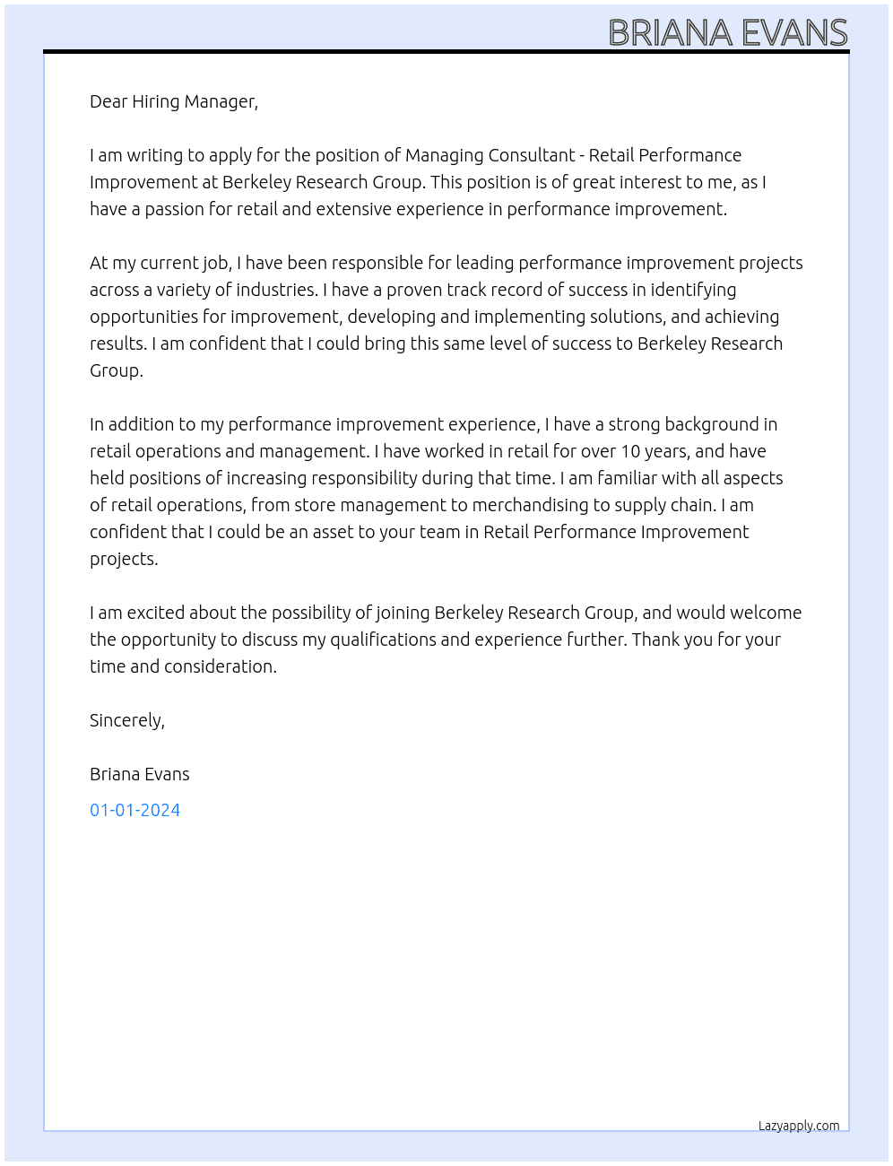 Managing Consultant - Retail Performance Improvement At Berkeley Research Group Cover Letter