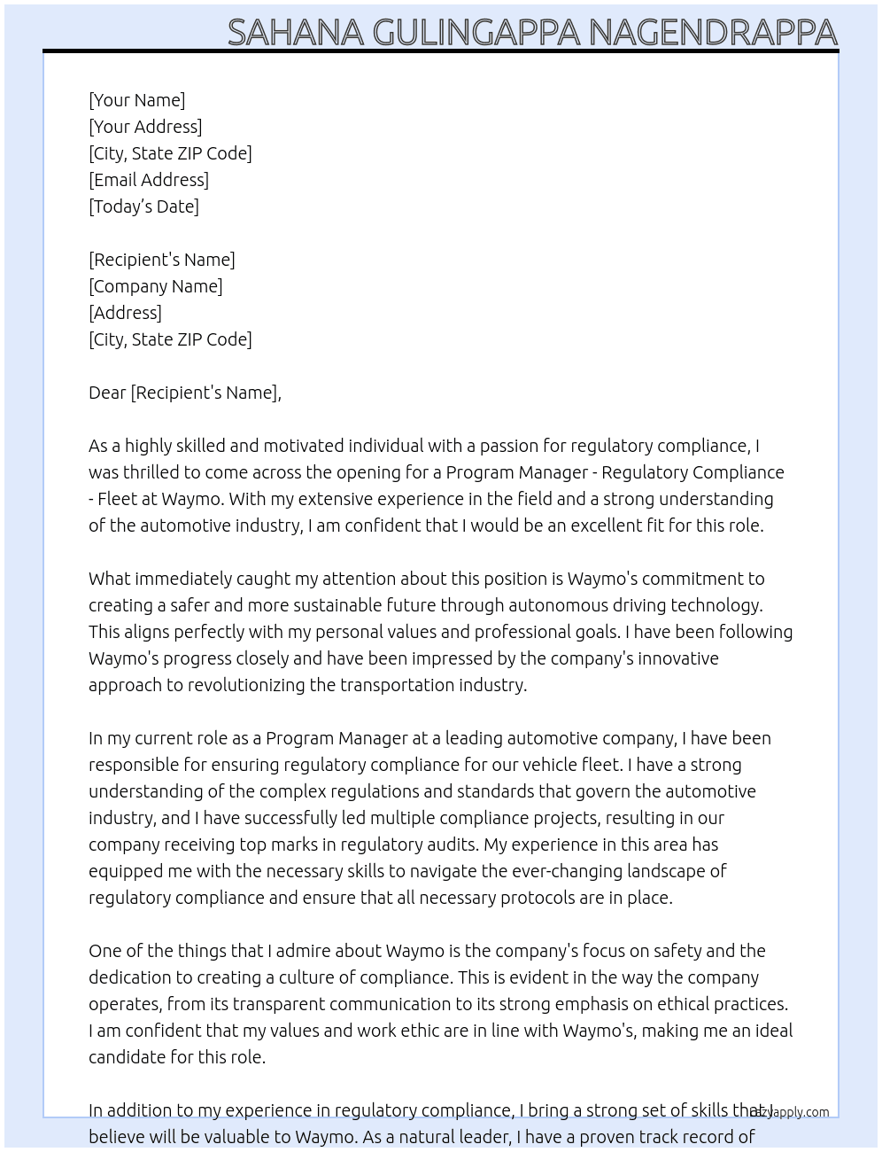 Program Manager, Regulatory Compliance - Fleet At waymo Cover Letter