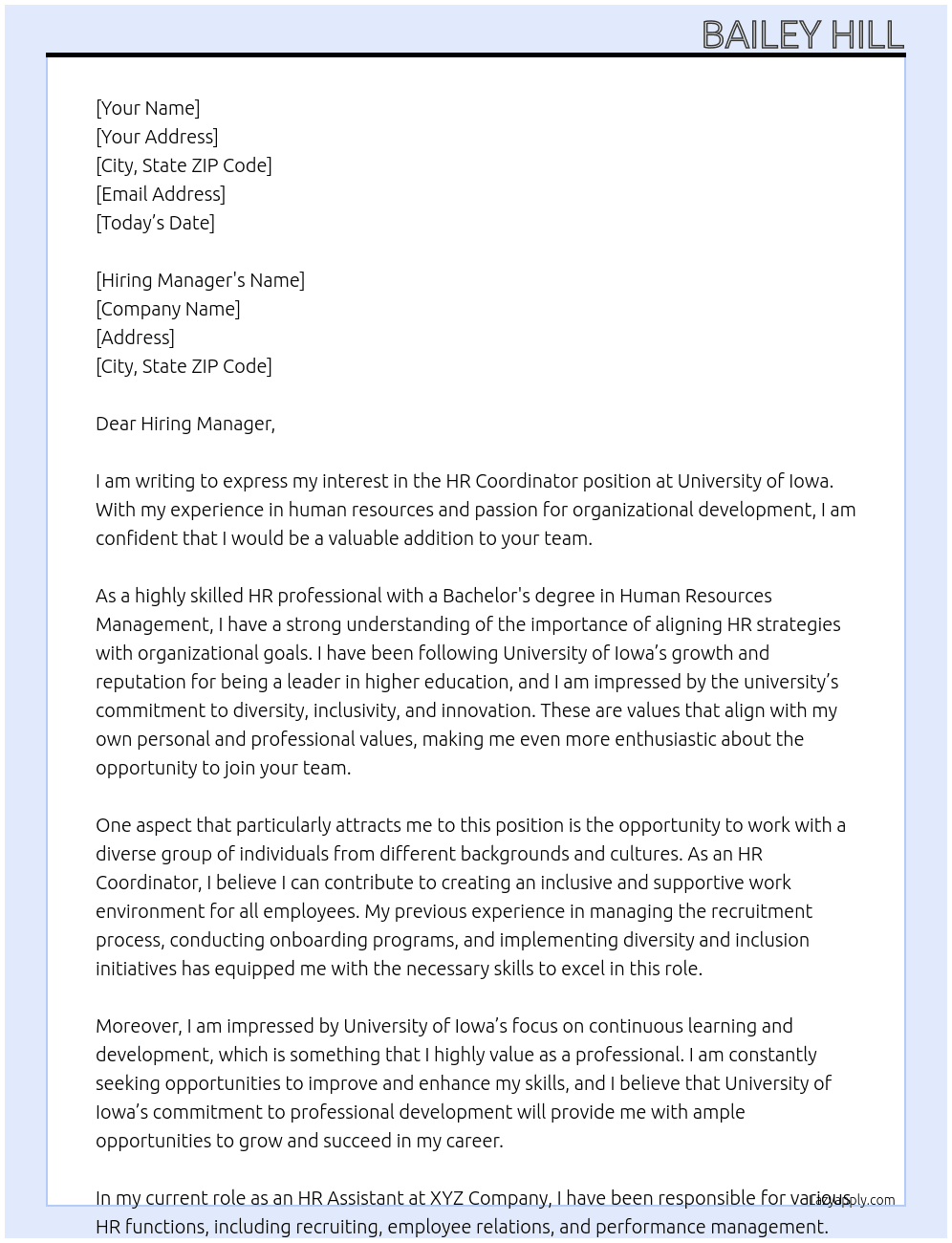 HR Coordinator At University of Iowa Cover Letter