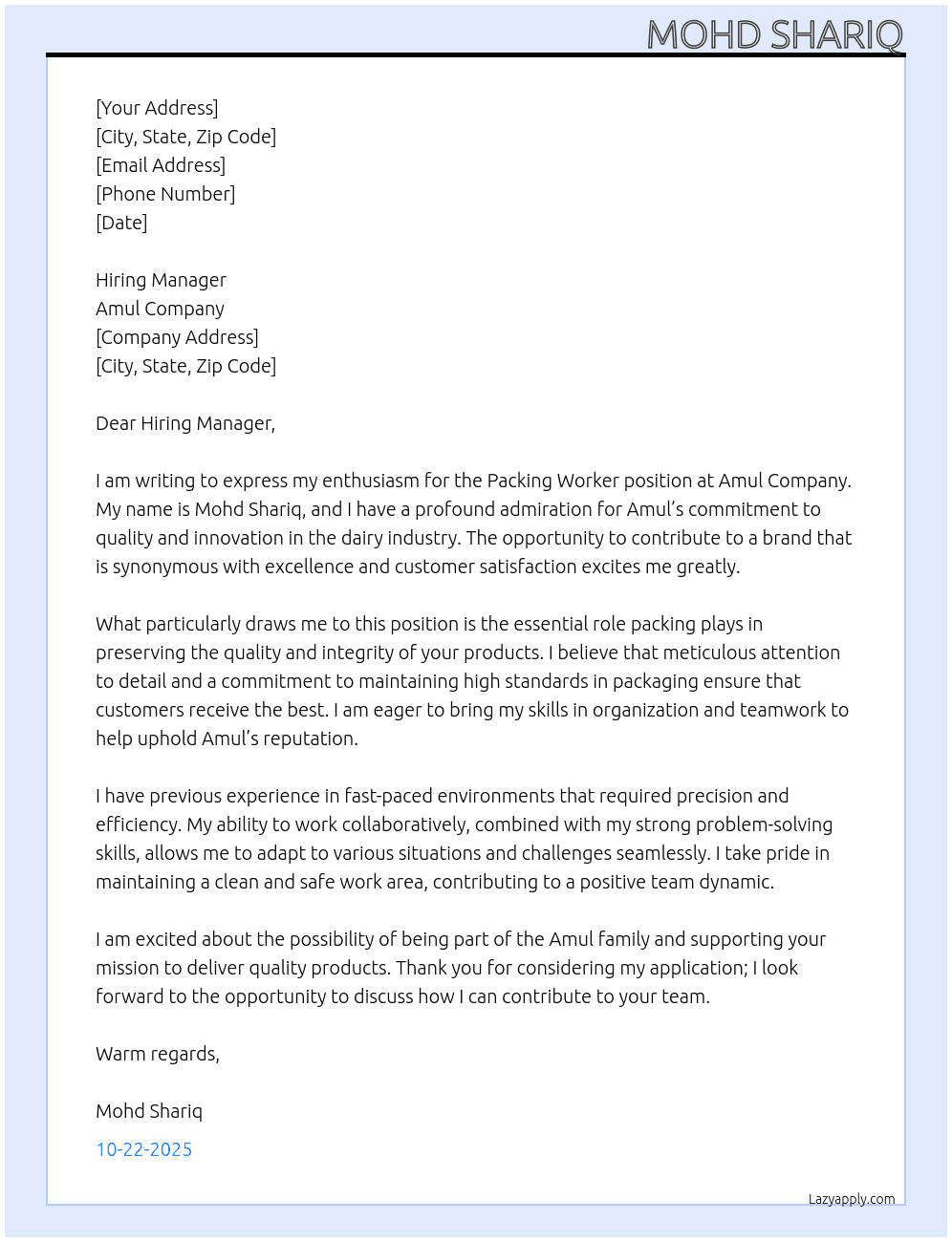 Packing working At Amul company Cover Letter