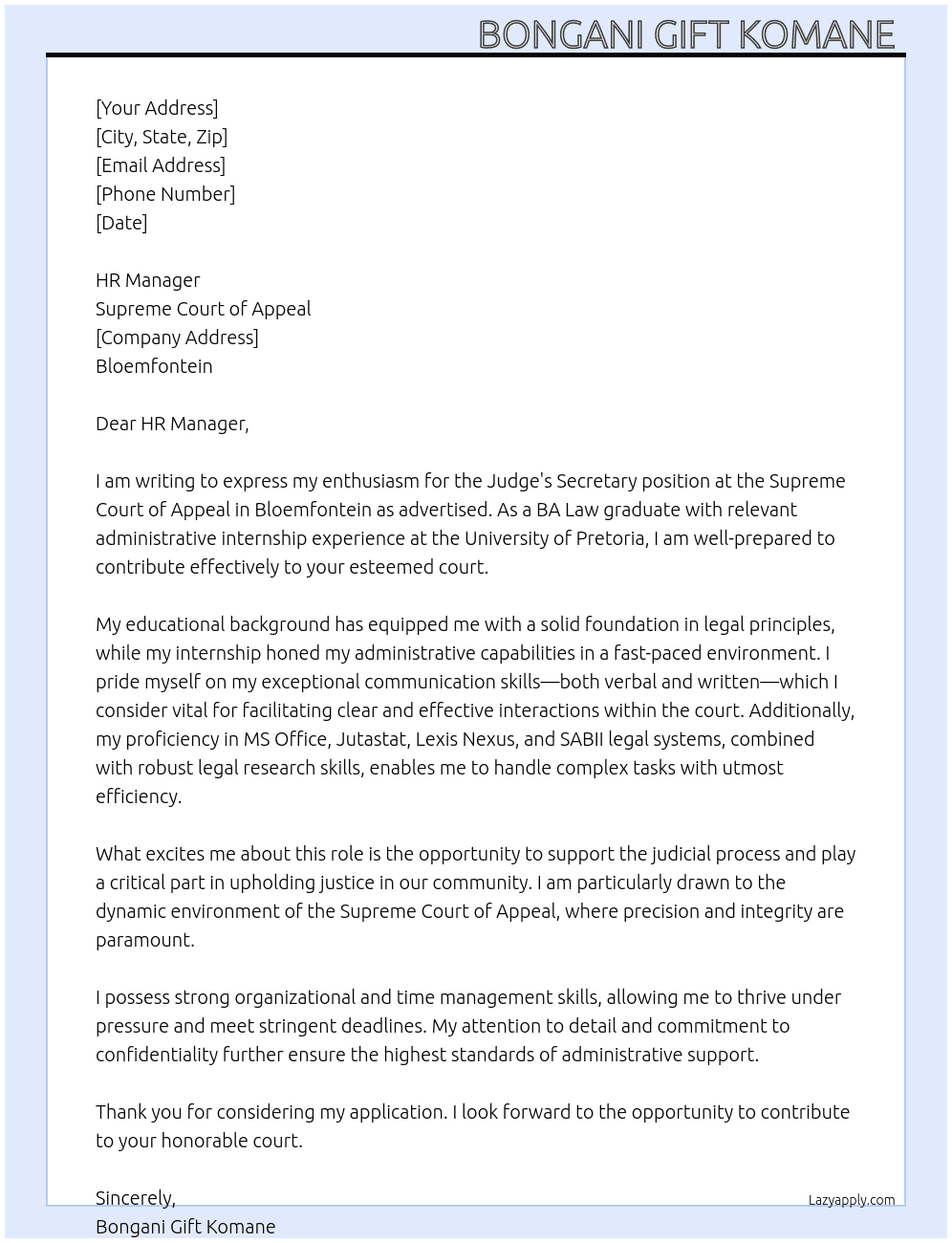 Cover letter for judge's secretary - LazyApply