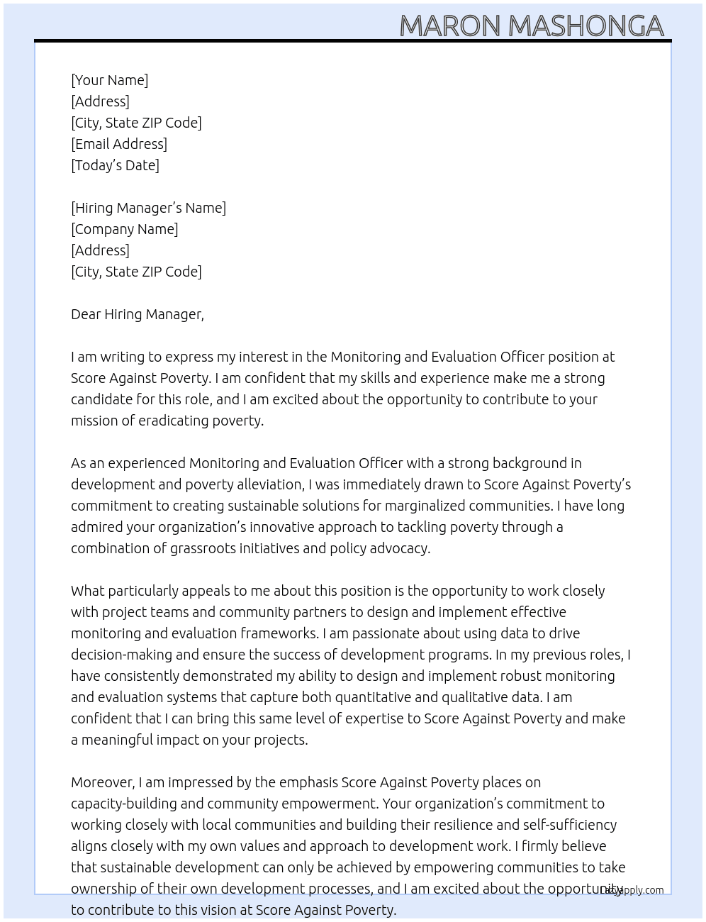 Monitoring and Evaluation Officer At Score against Poverty  Cover Letter