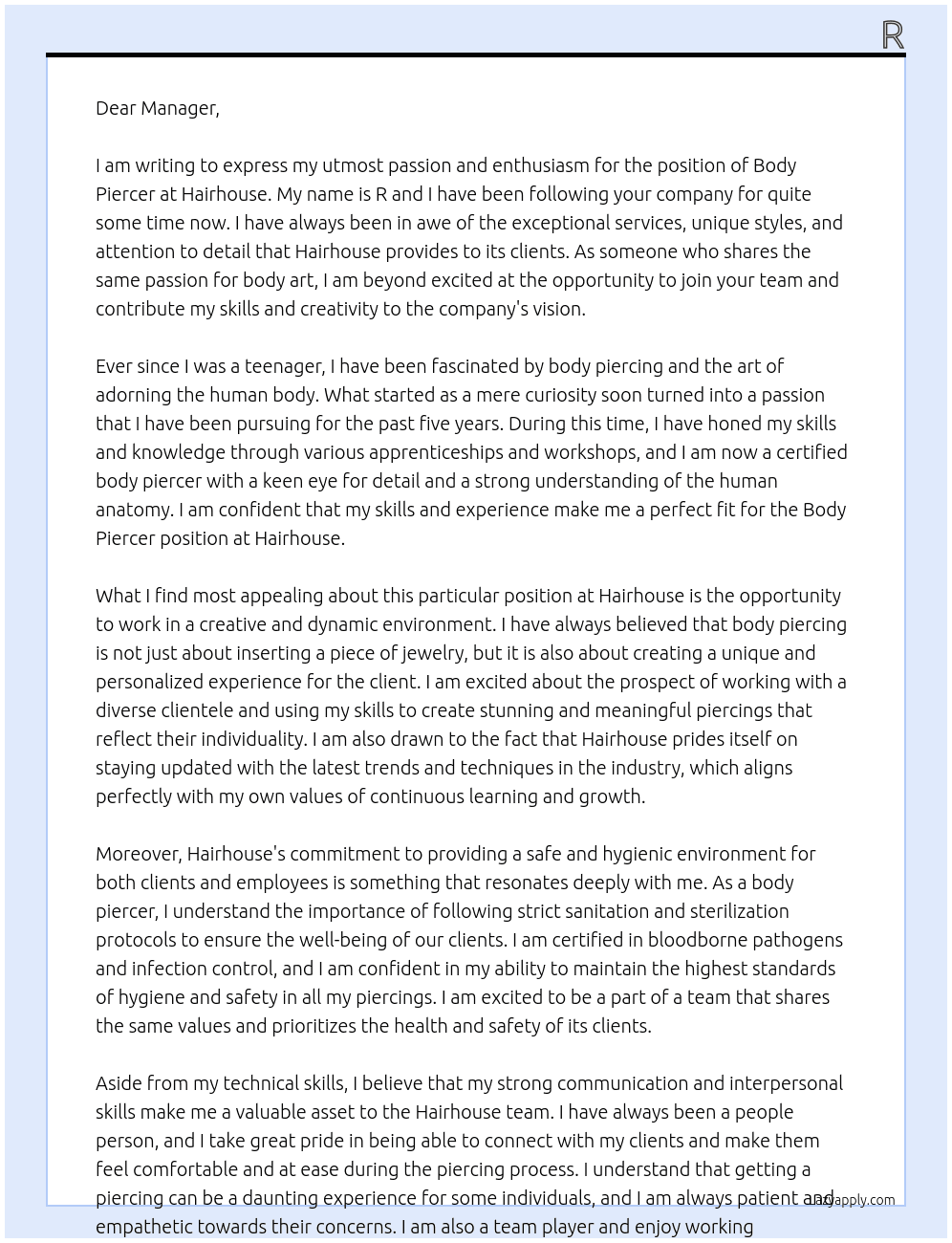 body piercer  At Hairhouse Cover Letter