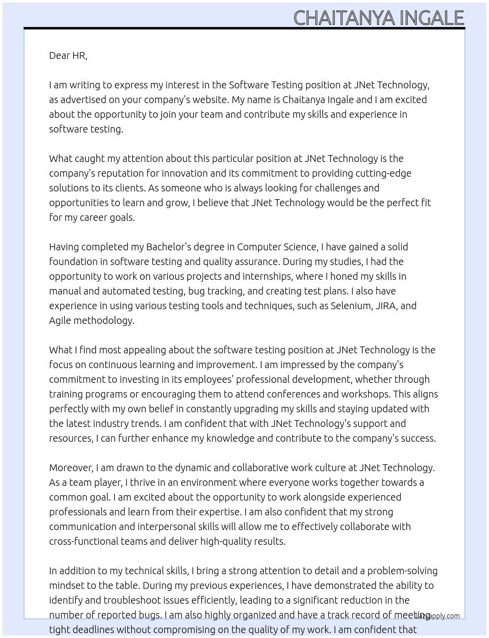 Software testing At JNet technology Cover Letter