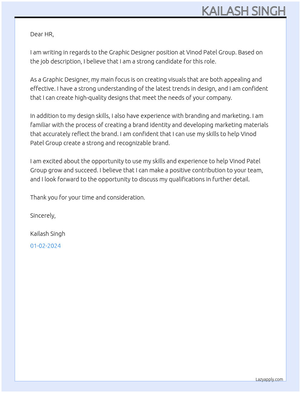 Graphic Designer At Vinod Patel Group Cover Letter