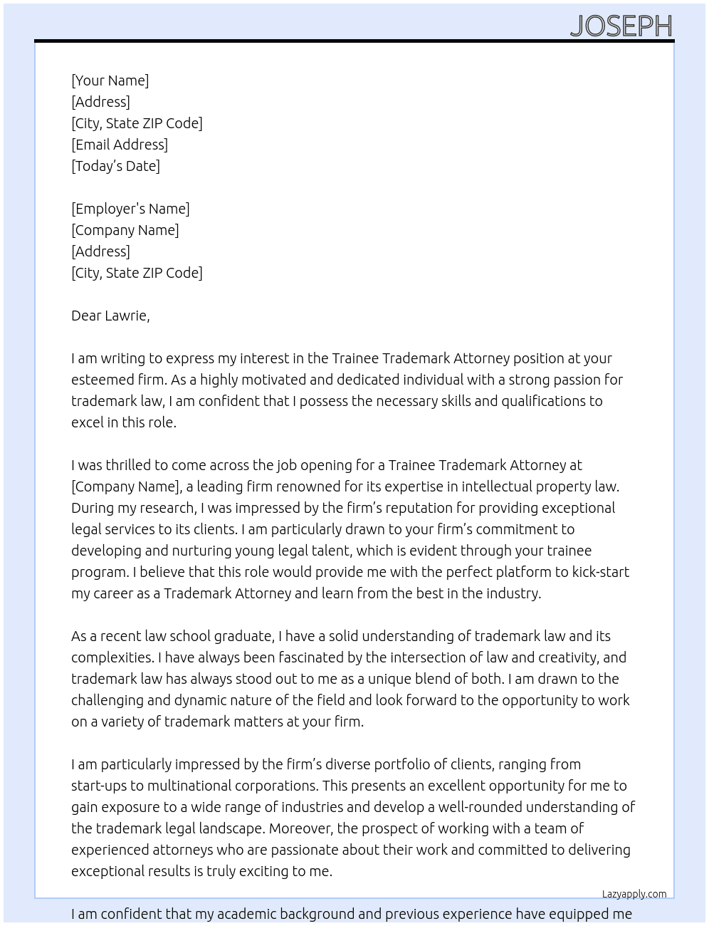 Trainee Trademark Attorney At Lawrie Cover Letter
