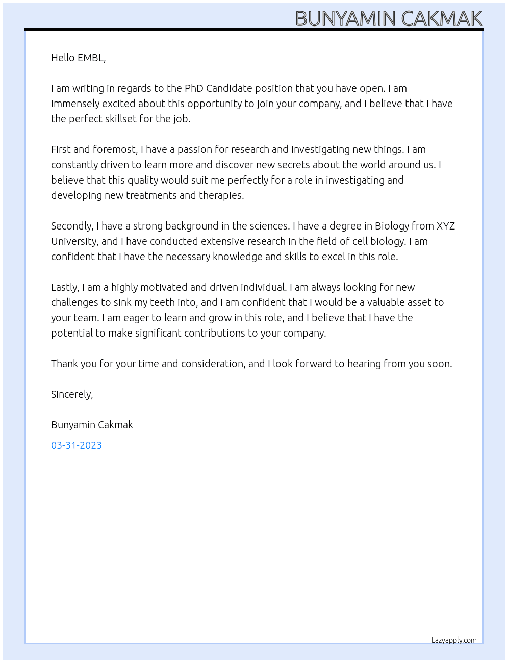 PhD Candidate At EMBL Cover Letter