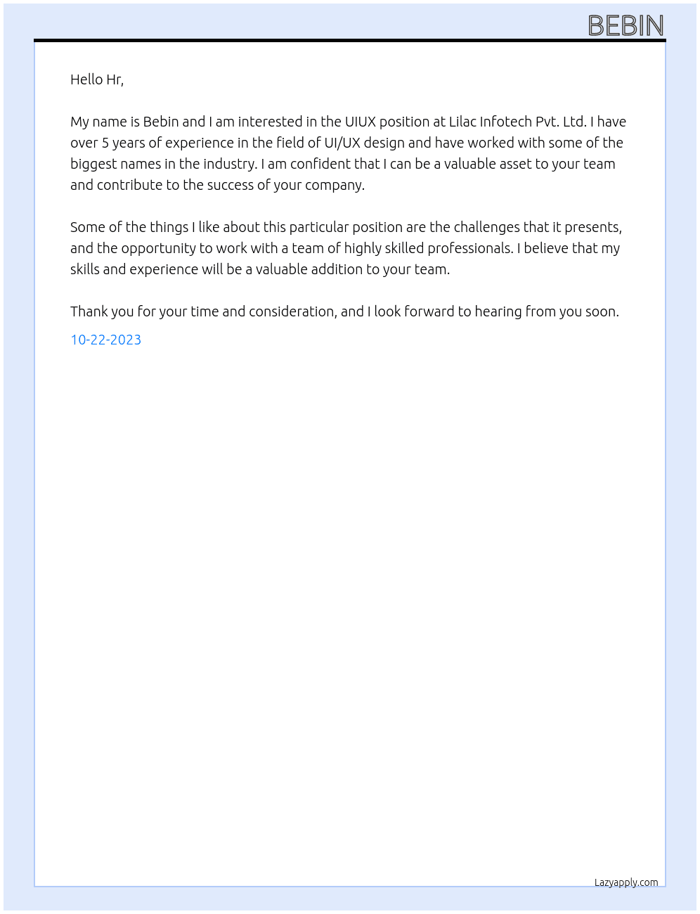 UIUX At Lilac Infotech Pvt. Ltd. Cover Letter