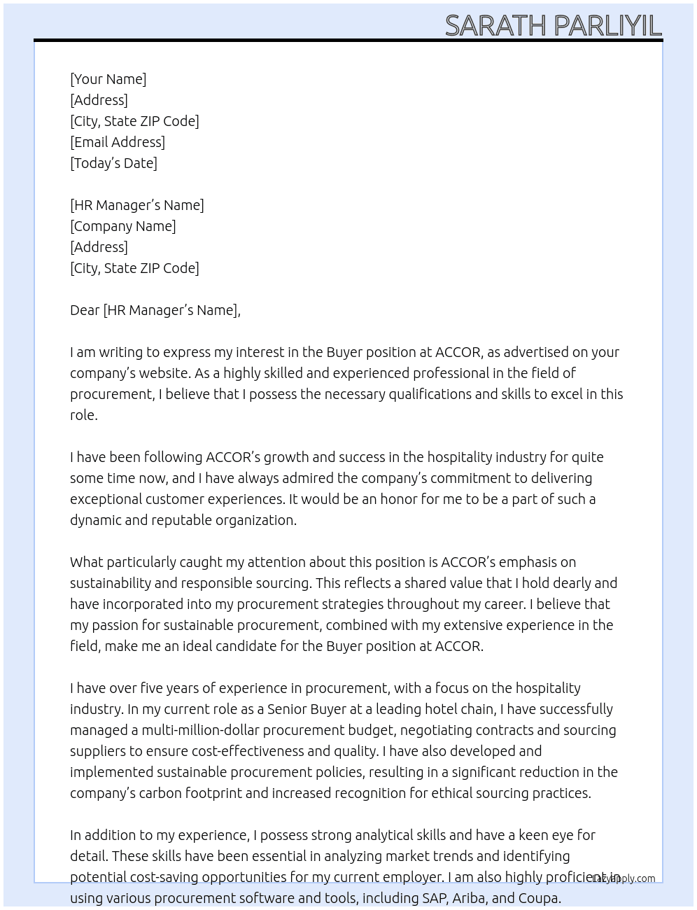 Buyer  At ACCOR Cover Letter